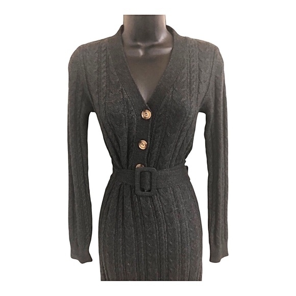 Lucky Brand dark charcoal chunky knit belted v-neck sweater dress size small new - Picture 4 of 12